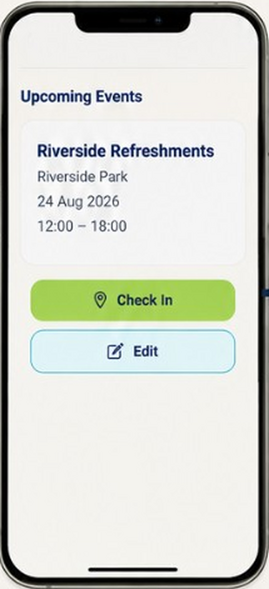 Upcoming Events screen with Check in and Edit actions