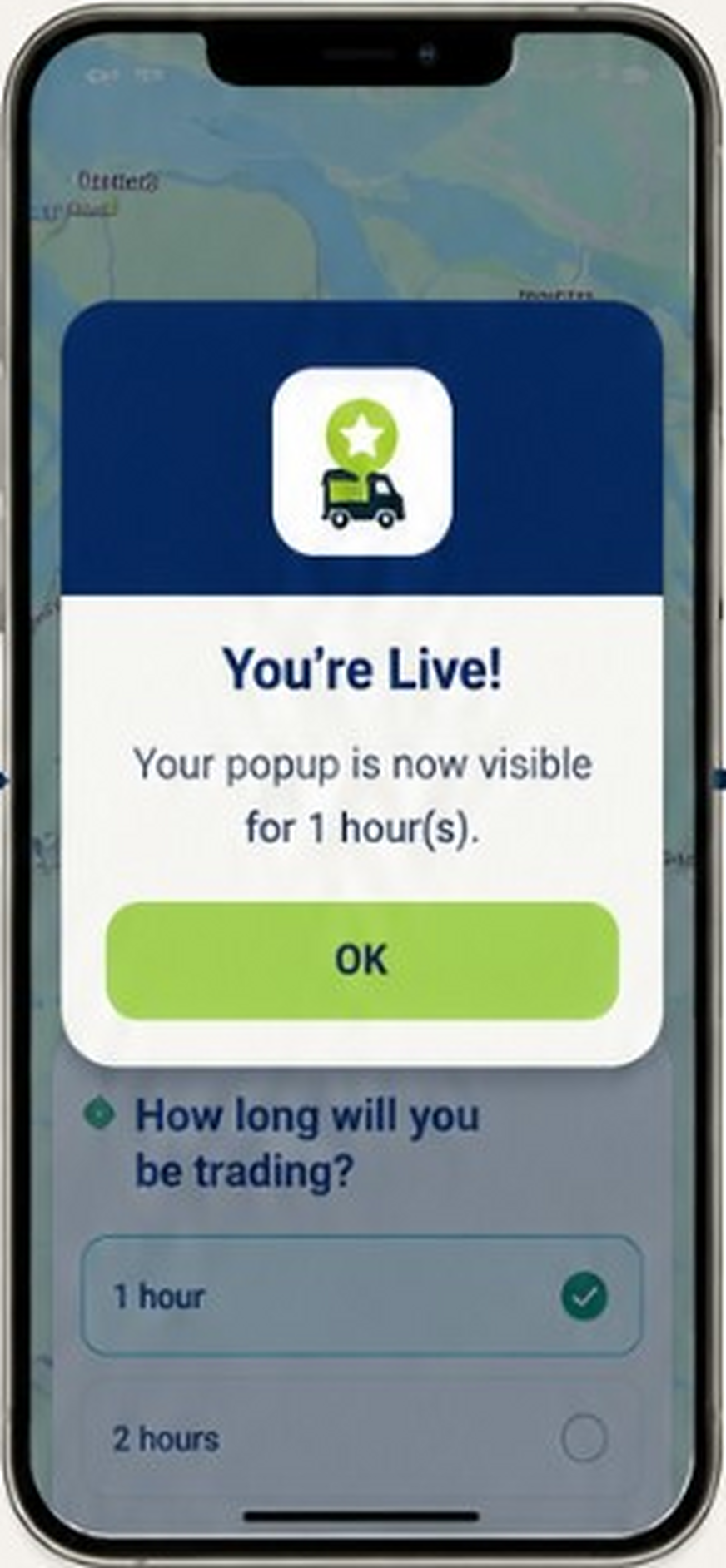 Confirmation that the popup is live and visible for one hour