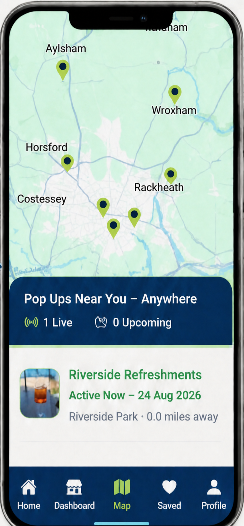 Map with several popup pins, including a central event cluster, showing Riverside Refreshments active and visible to nearby users